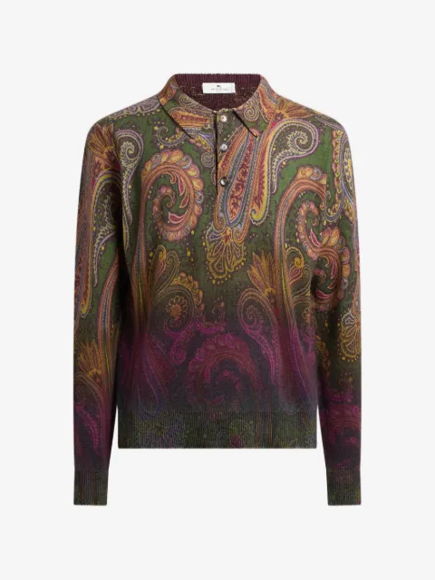 ETRO long-sleeved wool polo shirt with degradé Paisley motif