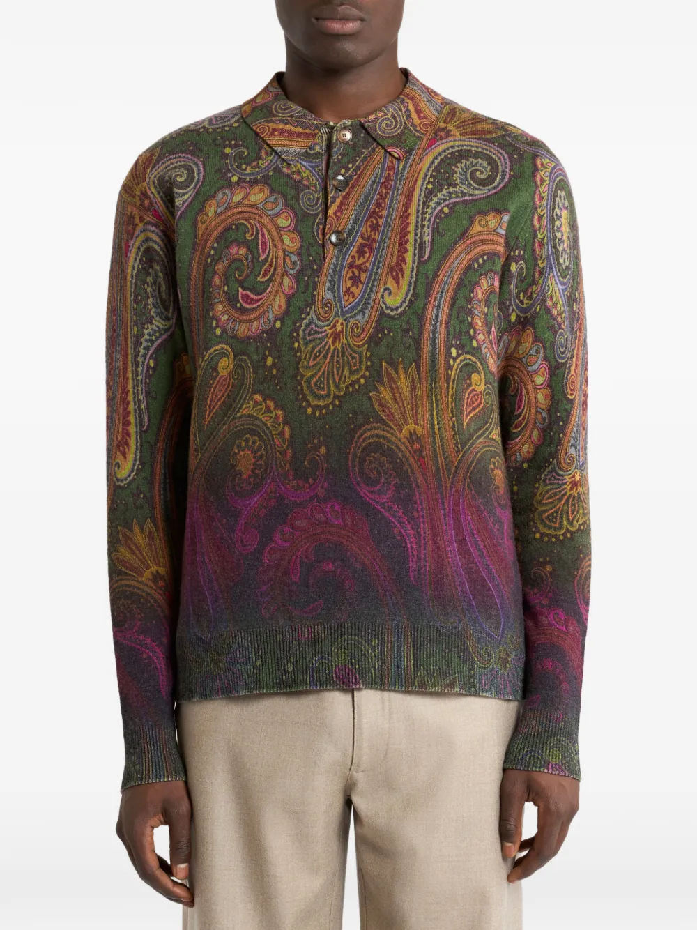 ETRO Wollen poloshirt met lange mouwen en Paisley-motief Groen
