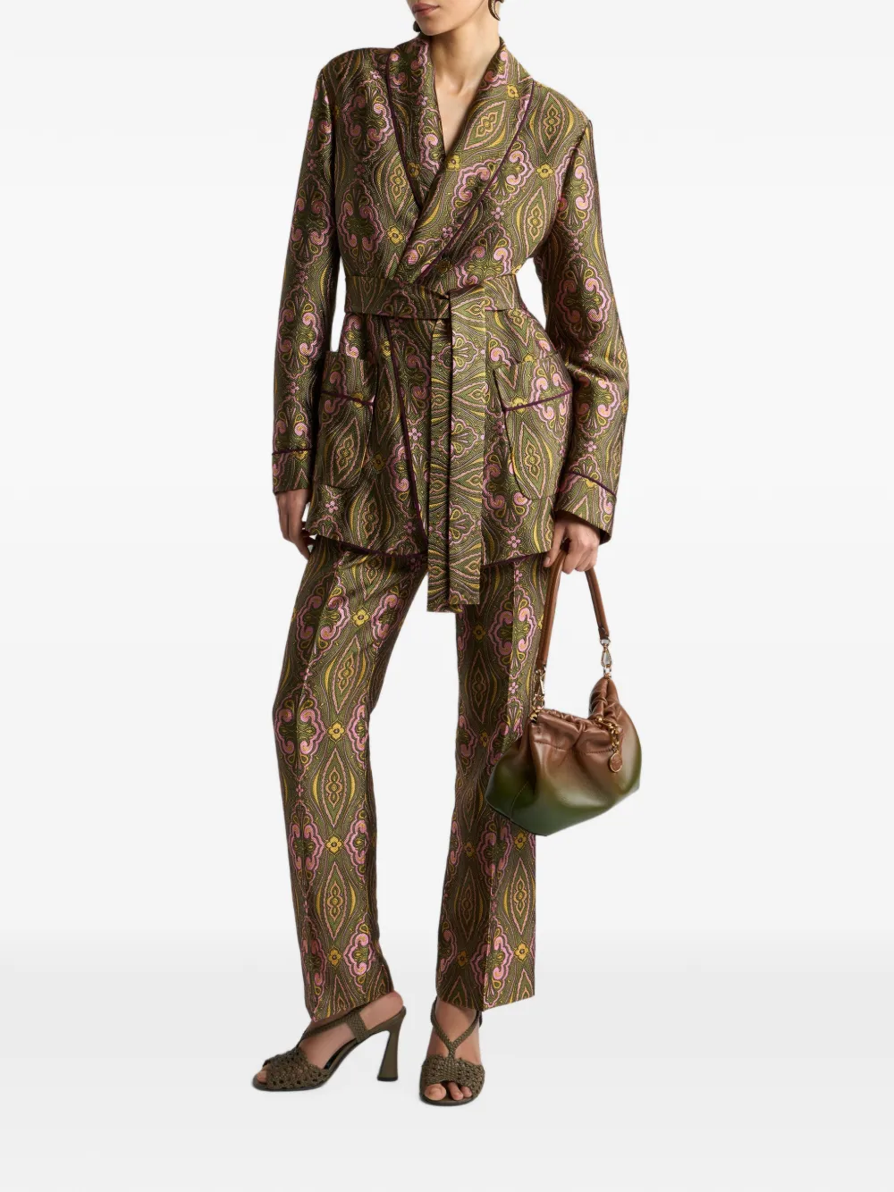 ETRO Jacquard jas met riem en bloemenmedaillon motief Groen
