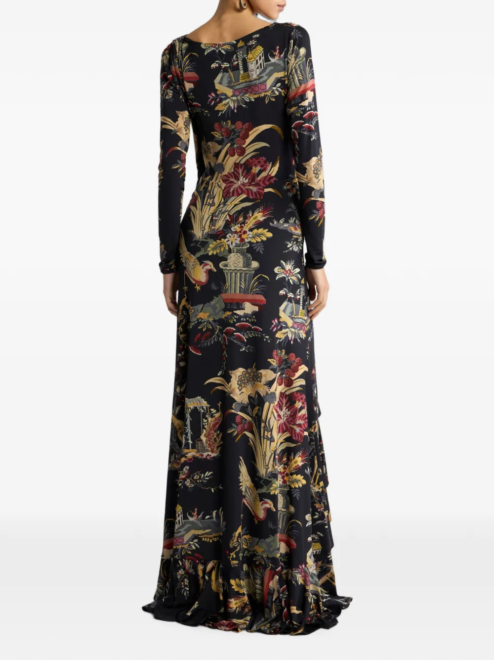 ETRO Lange jersey wikkeljurk met bloemen- en dierenmotief Zwart