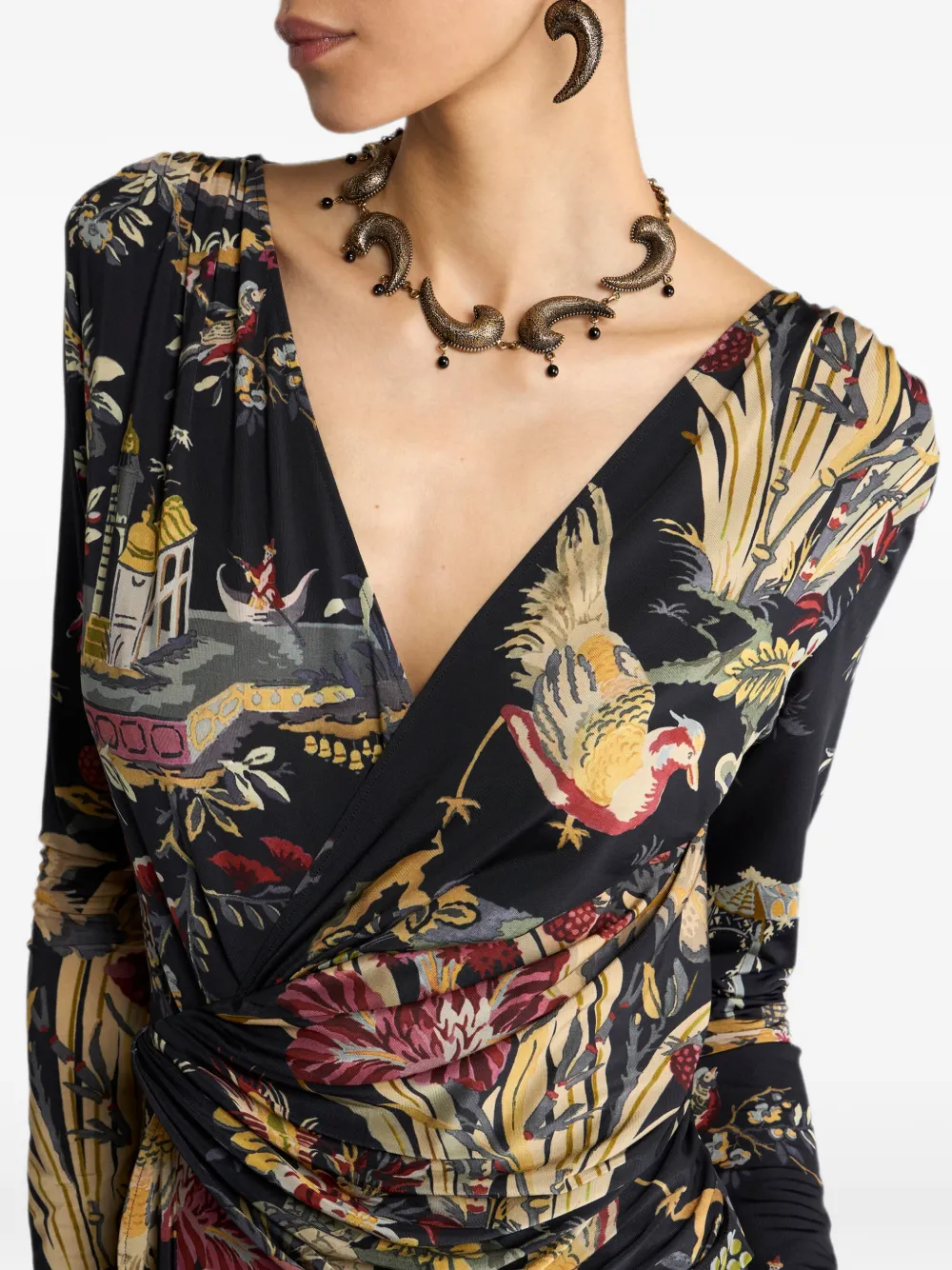 ETRO Lange jersey wikkeljurk met bloemen- en dierenmotief Zwart