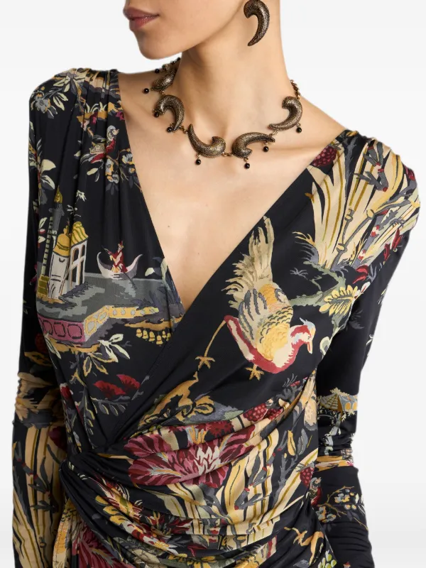 jersey wrap dress uk ETRO Long With Flower And Animal Motif | Black reiss dresses