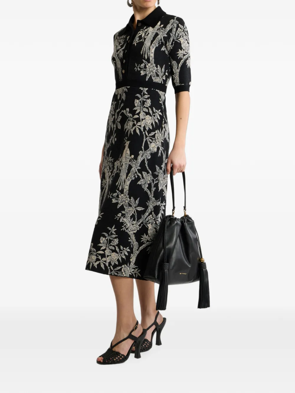 ETRO Jacquard midi-blousejurk van wolblend met natuurmotief Zwart