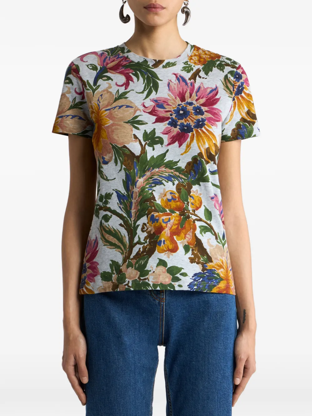 ETRO T-shirt van katoenjersey met bloemenmotief Grijs