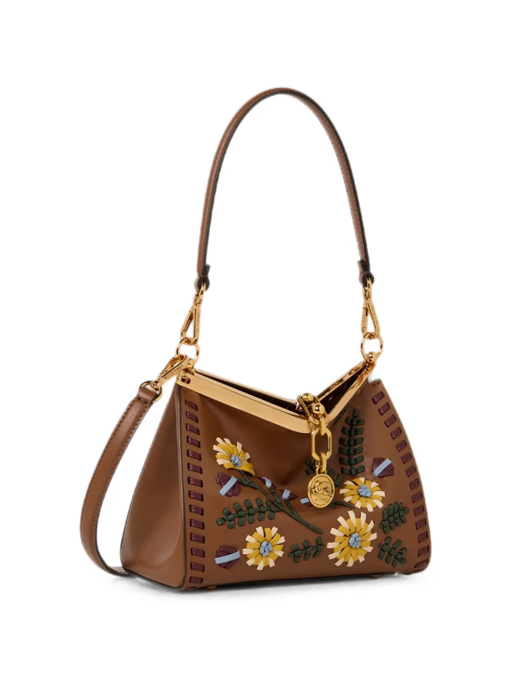 ETRO Kleine leren Vela tas met vlechtwerk en bloemenmotief Bruin
