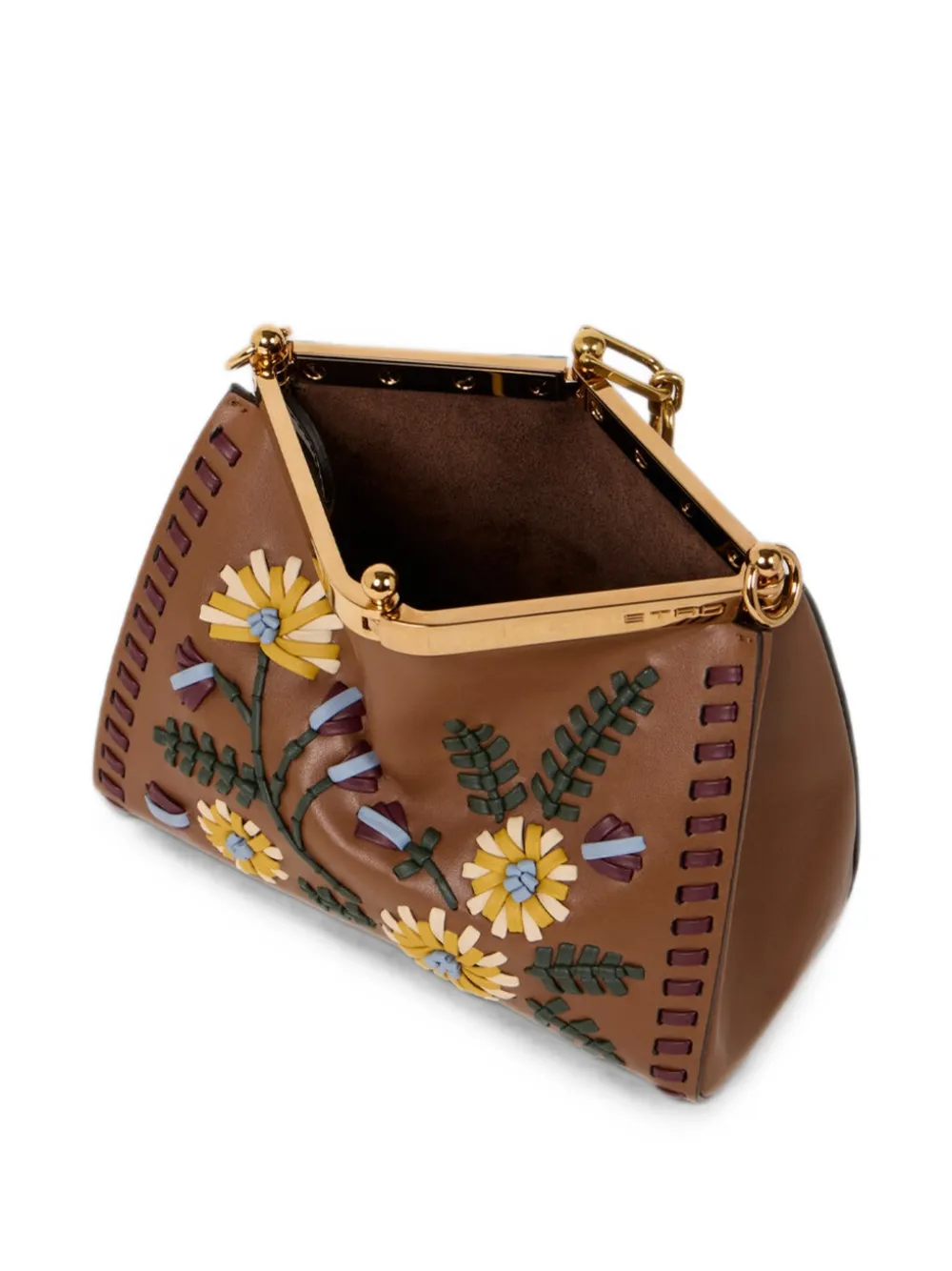 ETRO Kleine leren Vela tas met vlechtwerk en bloemenmotief Bruin
