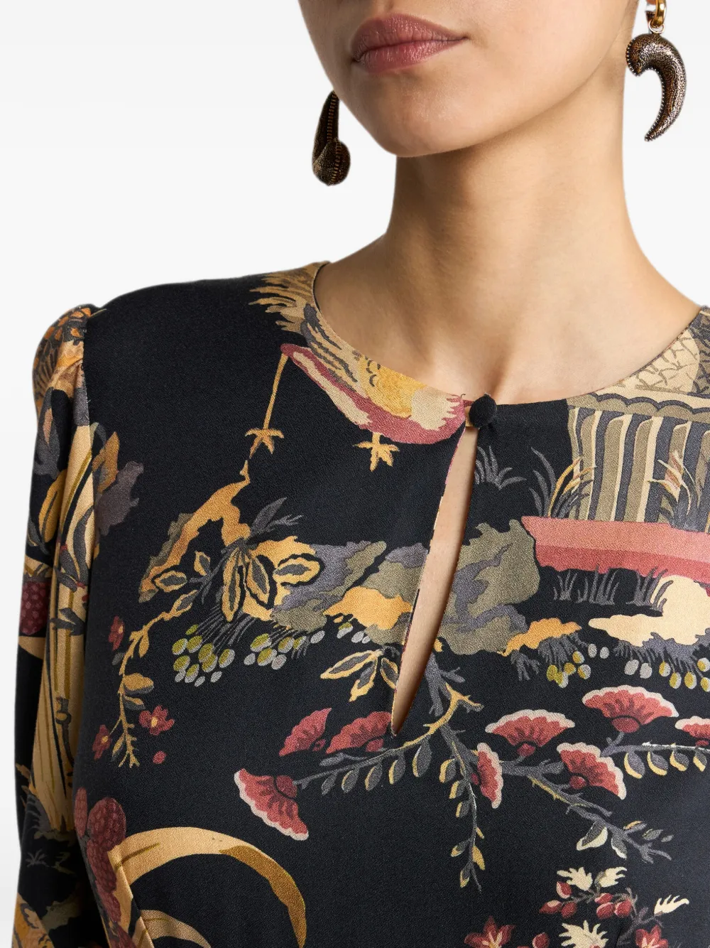 ETRO Crêpe midi-jurk met bloemen- en dieren-motief Zwart