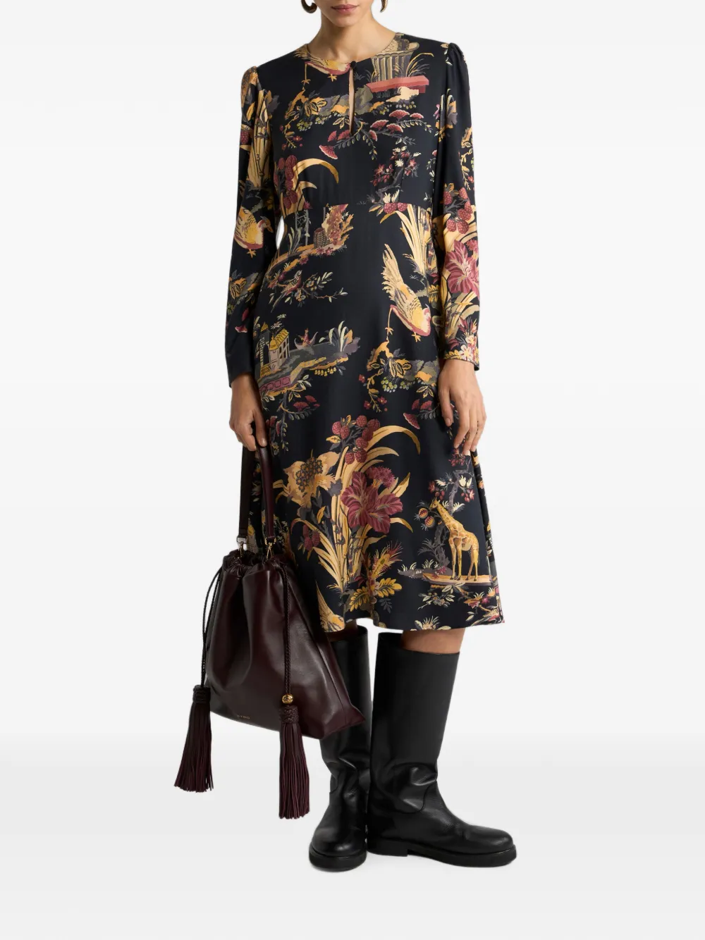 ETRO Crêpe midi-jurk met bloemen- en dieren-motief Zwart