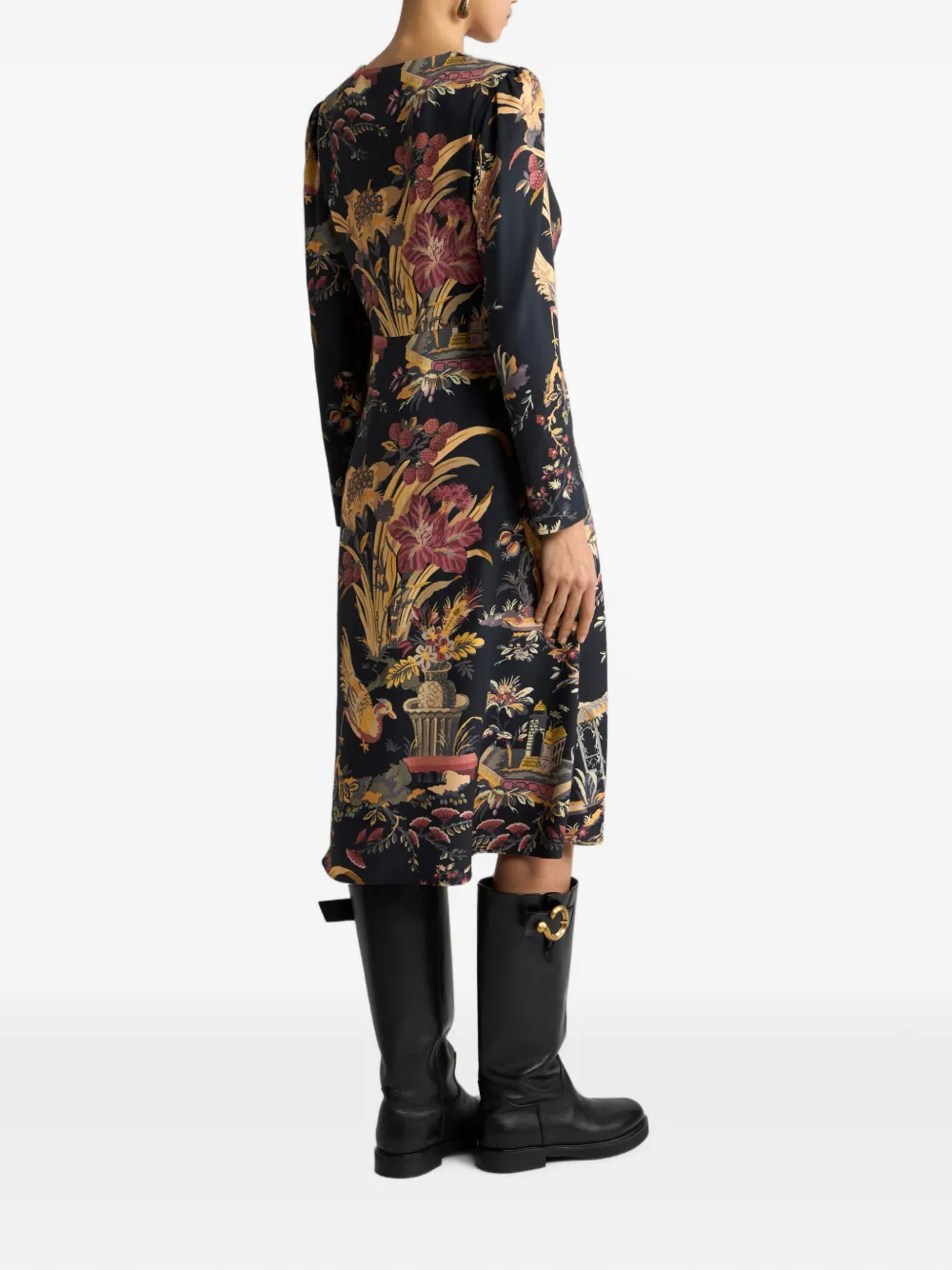 ETRO Crêpe midi-jurk met bloemen- en dieren-motief Zwart