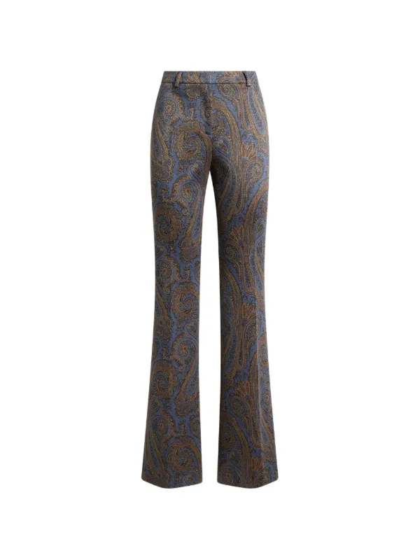 Etro Fit-and-flare Cotton-blend Jacquard Trousers with Paisley Motif in Blue