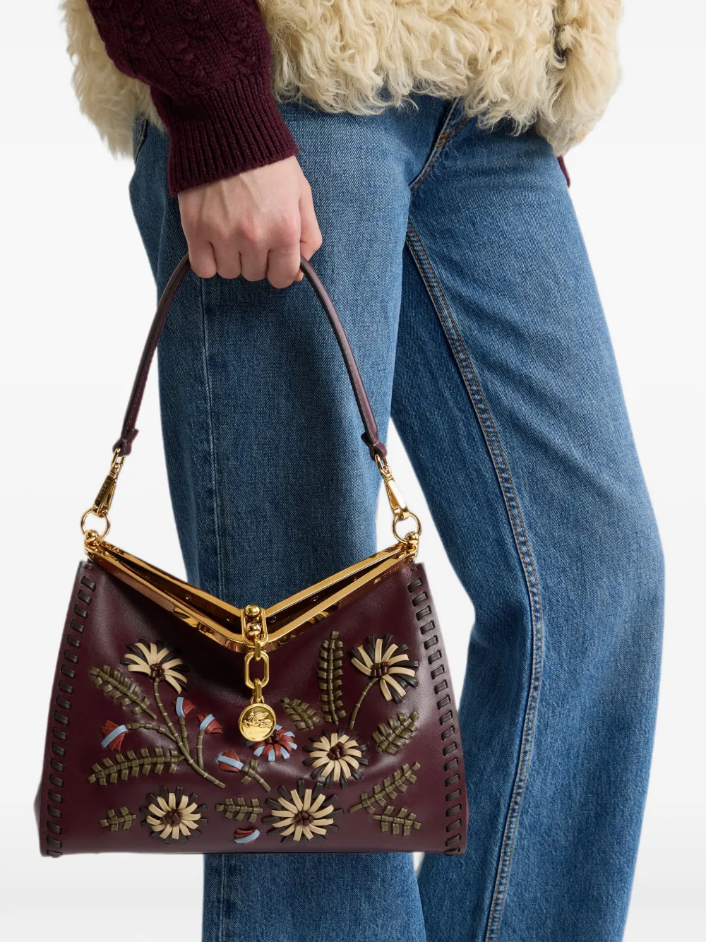 ETRO Medium leren Vela tas met vlechtwerk en bloemenmotief Rood