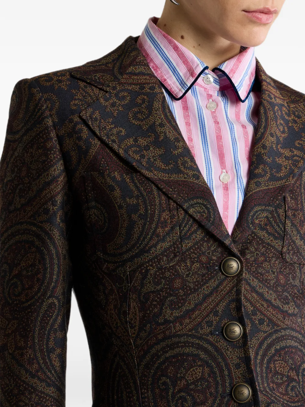 ETRO Blazer van wolblend met enkele rij knopen en paisley jacquard Blauw