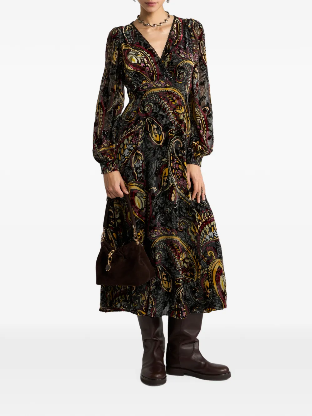 ETRO Fluwelen midi-wikkeljurk met bloemen Paisley-motief Zwart