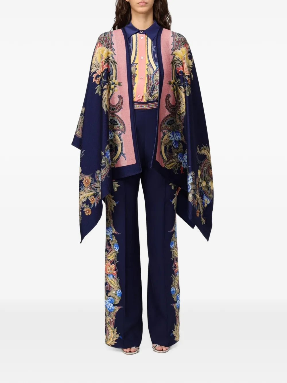 ETRO wool cape with placed floral Paisley print - Blau