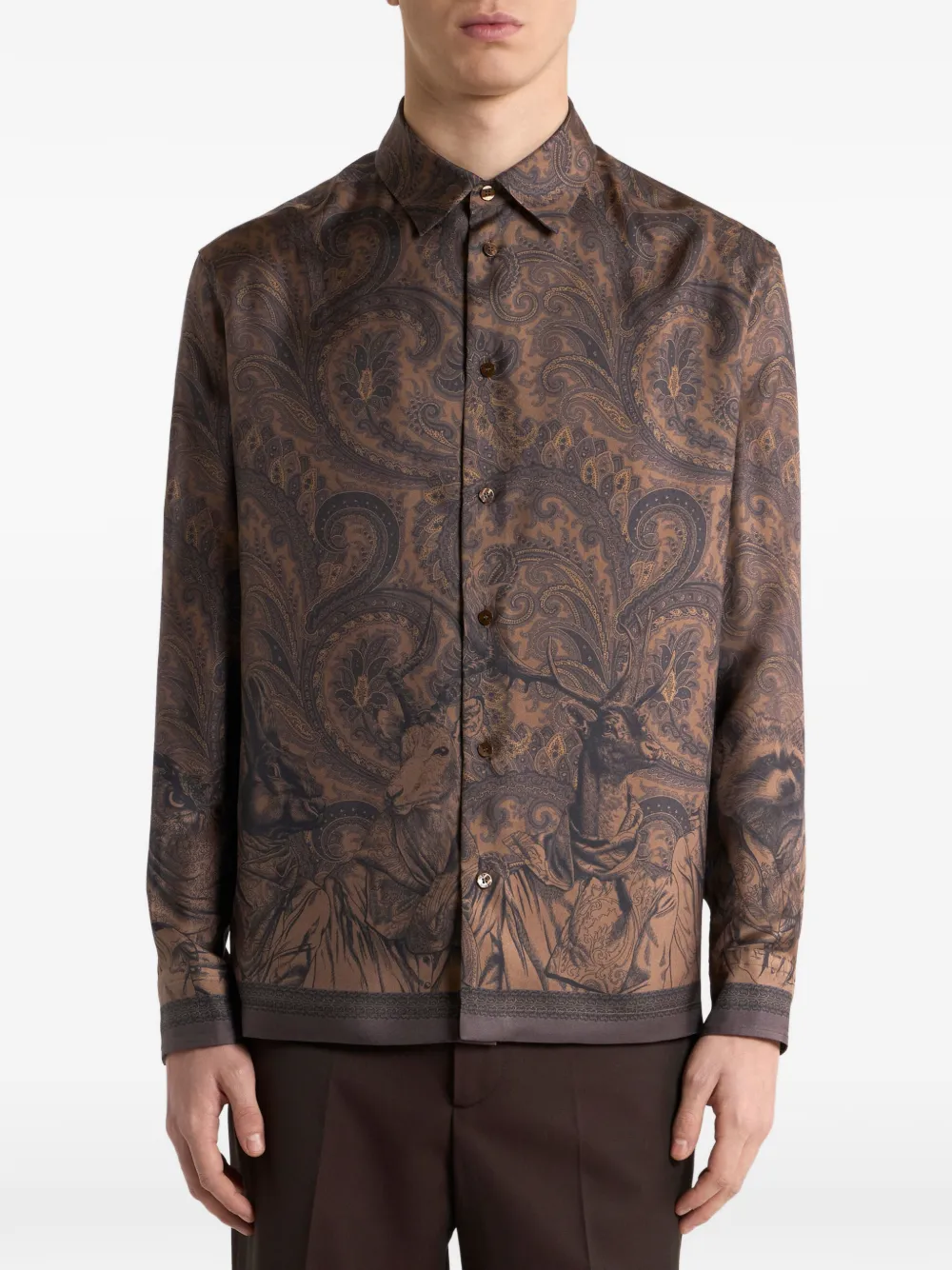 ETRO Zijden twill overhemd met paisley- en dieren-print Bruin