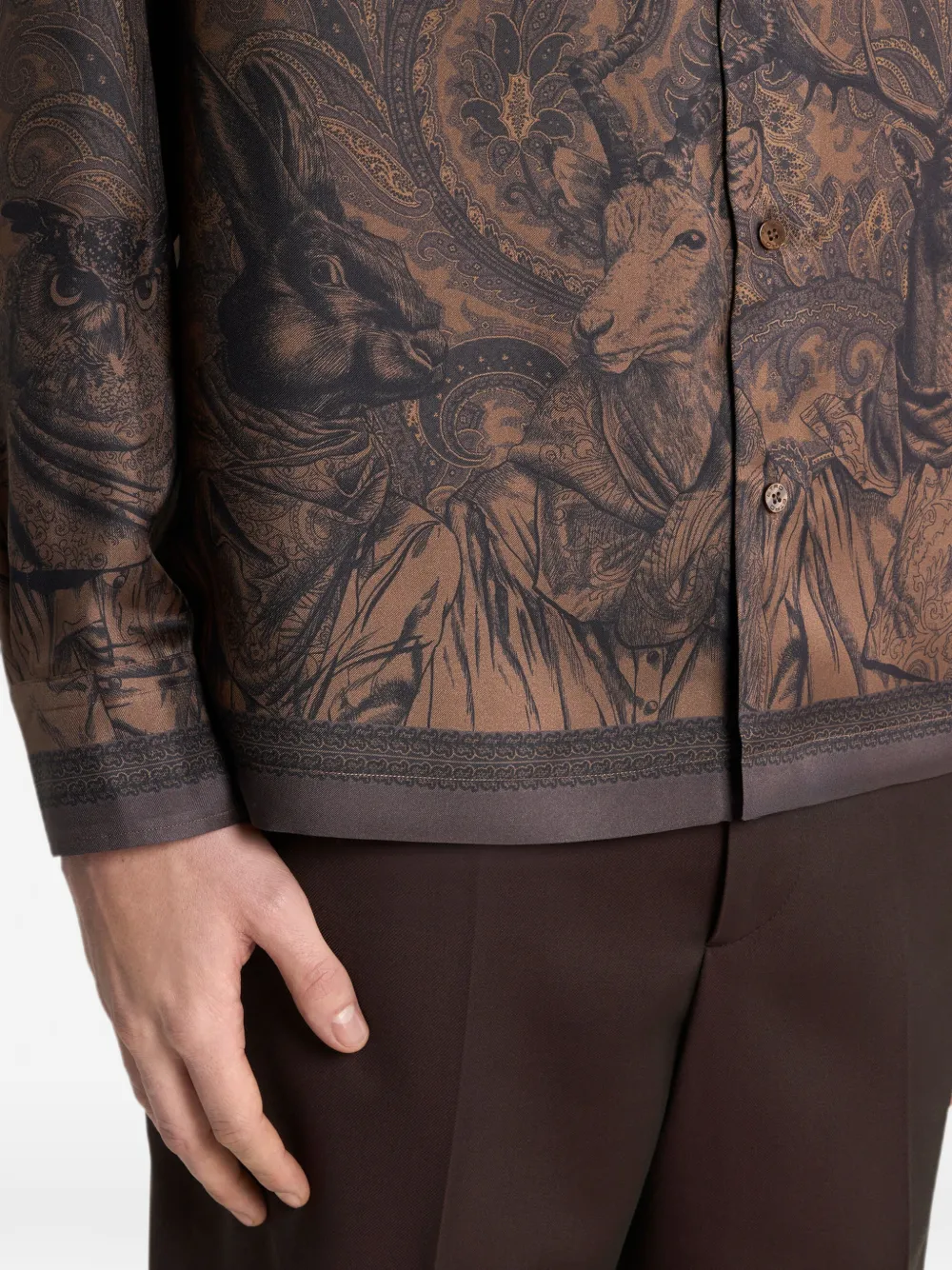 ETRO Zijden twill overhemd met paisley- en dieren-print Bruin
