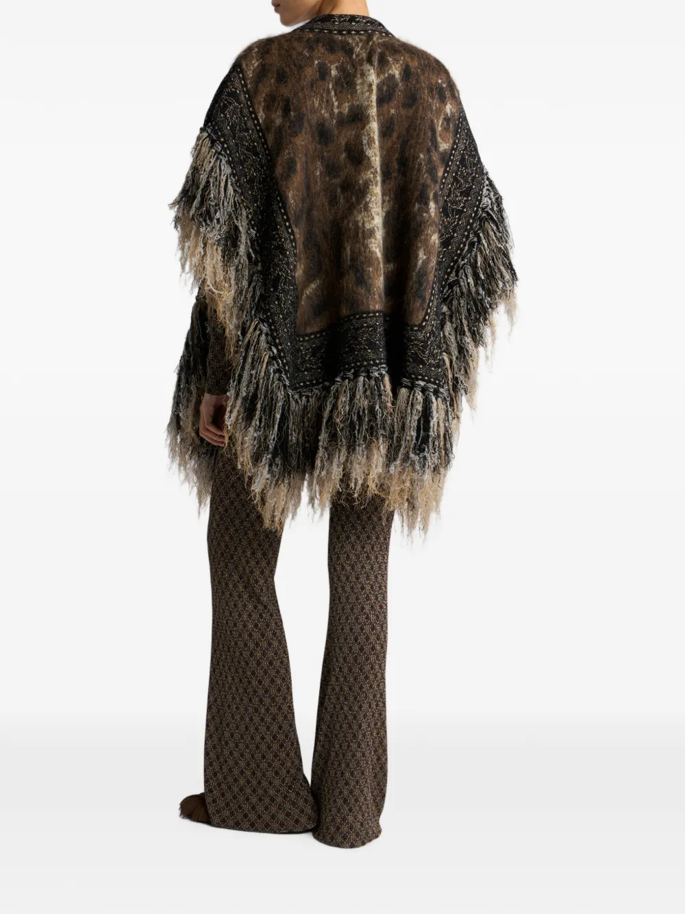 ETRO Mohair-blend jacquard cape met franje en luipaard-motief Bruin