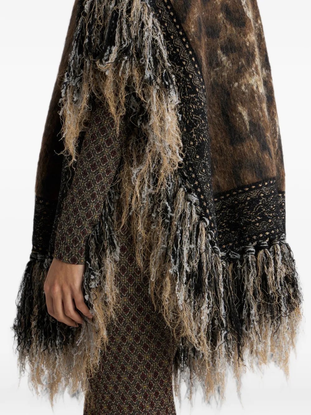 ETRO Mohair-blend jacquard cape met franje en luipaard-motief Bruin