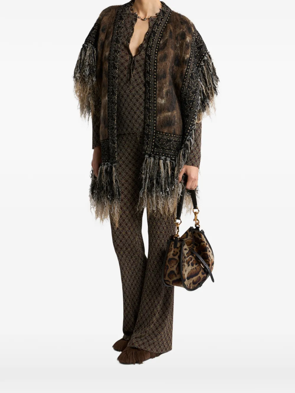 ETRO Mohair-blend jacquard cape met franje en luipaard-motief Bruin