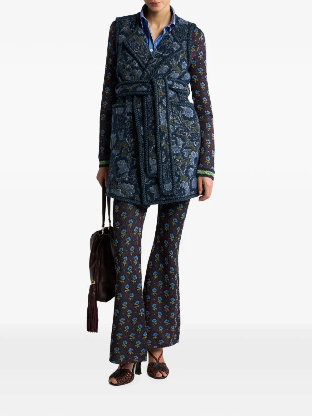 ETRO Lang gilet van katoen-blend bouclé jacquard met bloemen-motief Blauw