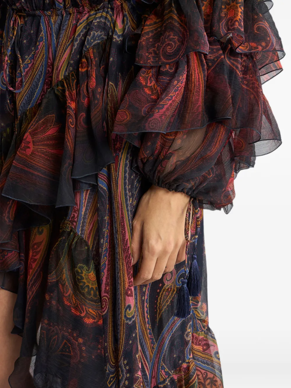 ETRO Zijden midi-jurk met ruches en geplaatste Paisley print Blauw