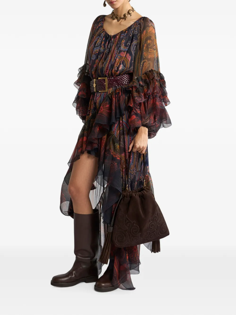 ETRO Zijden midi-jurk met ruches en geplaatste Paisley print Blauw