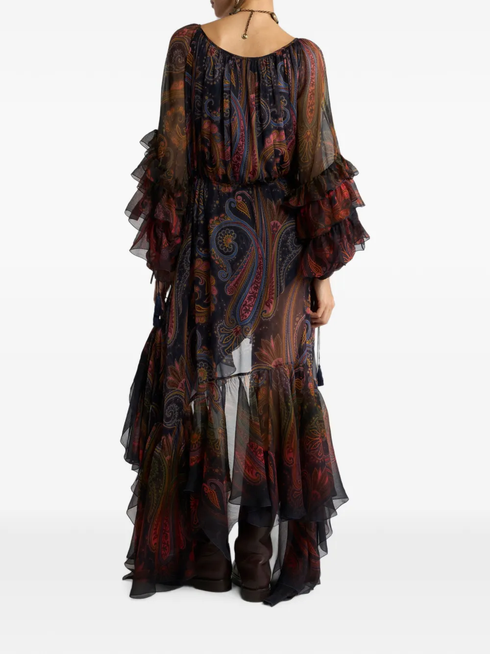 ETRO Zijden midi-jurk met ruches en geplaatste Paisley print Blauw