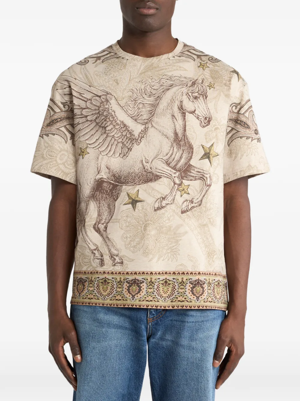 ETRO Katoenen jersey T-shirt met geplaatste Pegaso-print Beige