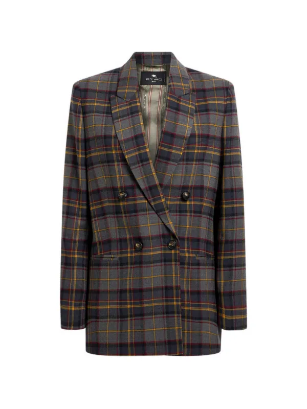 Etro Double-breasted Stretch Wool Jacket with Check Motif in Grey