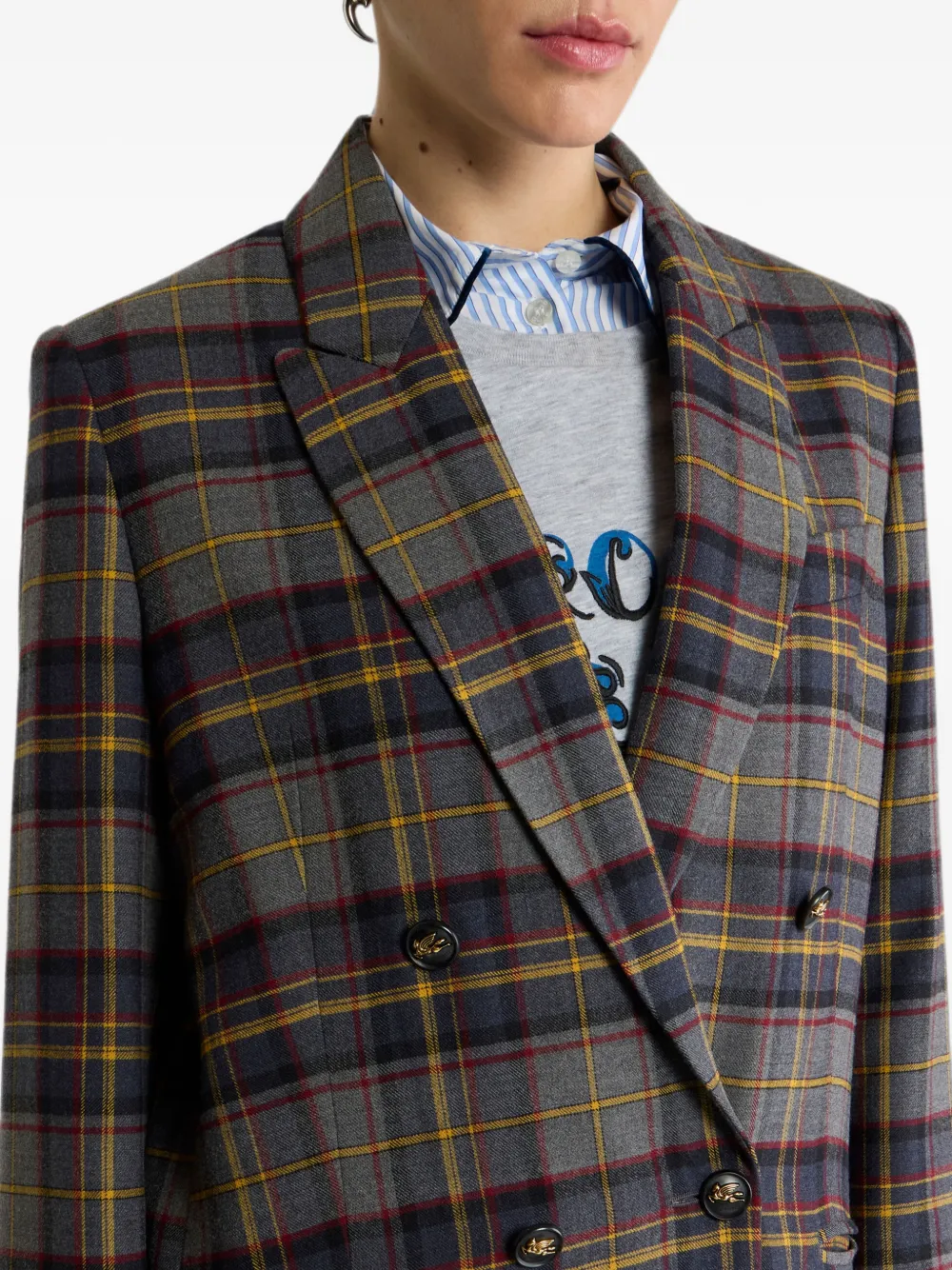 ETRO Stretch wollen geruite blazer met dubbele rij knopen Grijs