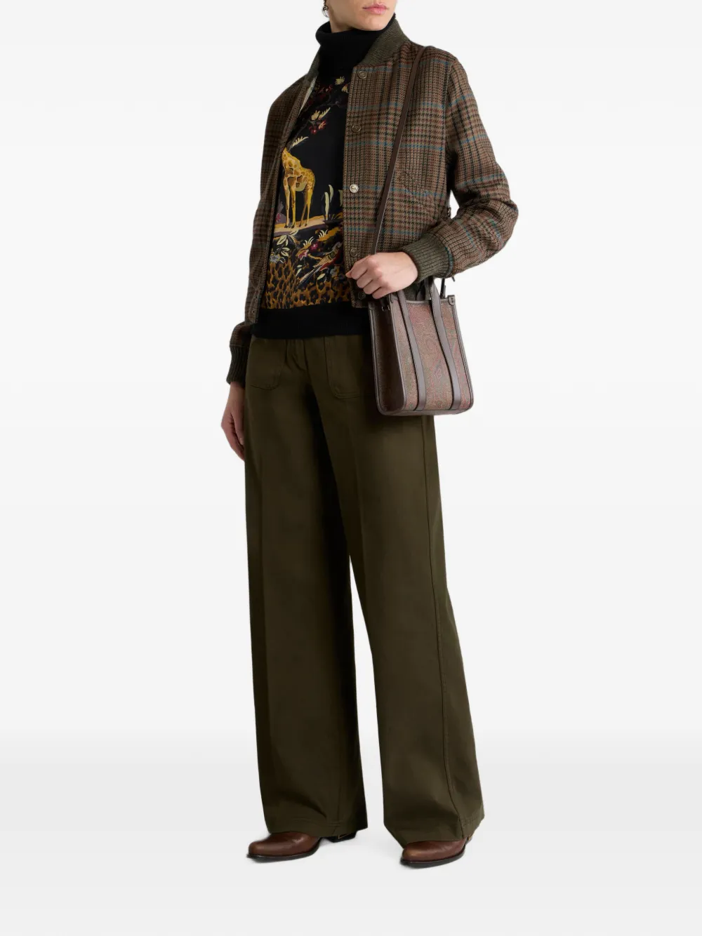 ETRO Wollen bomberjack met geborduurde pauw en Prince of Wales motief Bruin