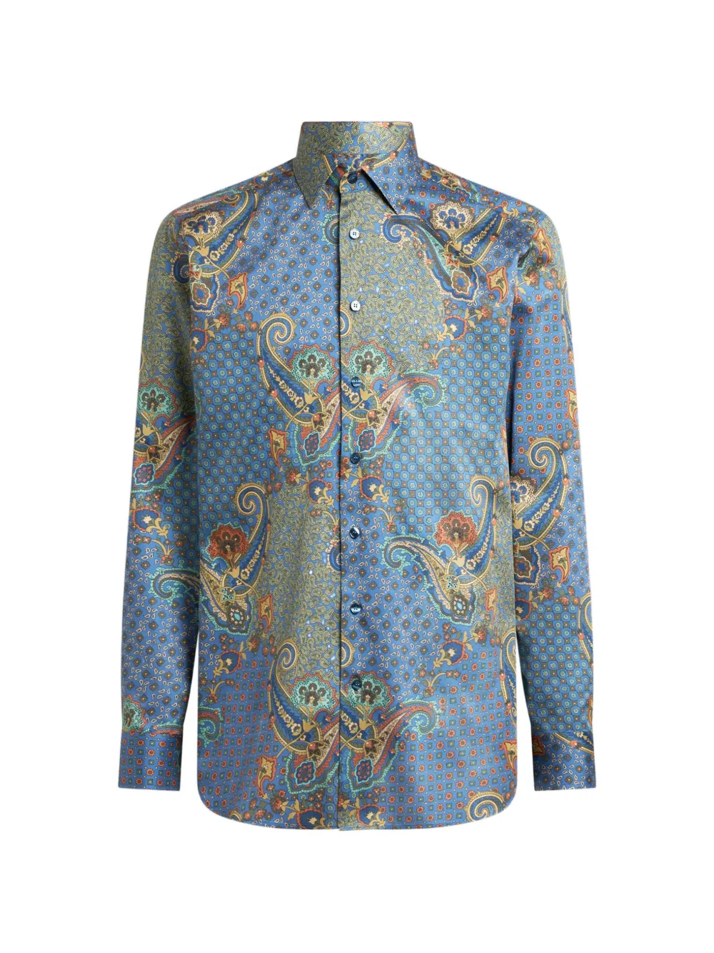 Etro Shirt In Cotton Satin With Paisley And Tie Motif In Blue