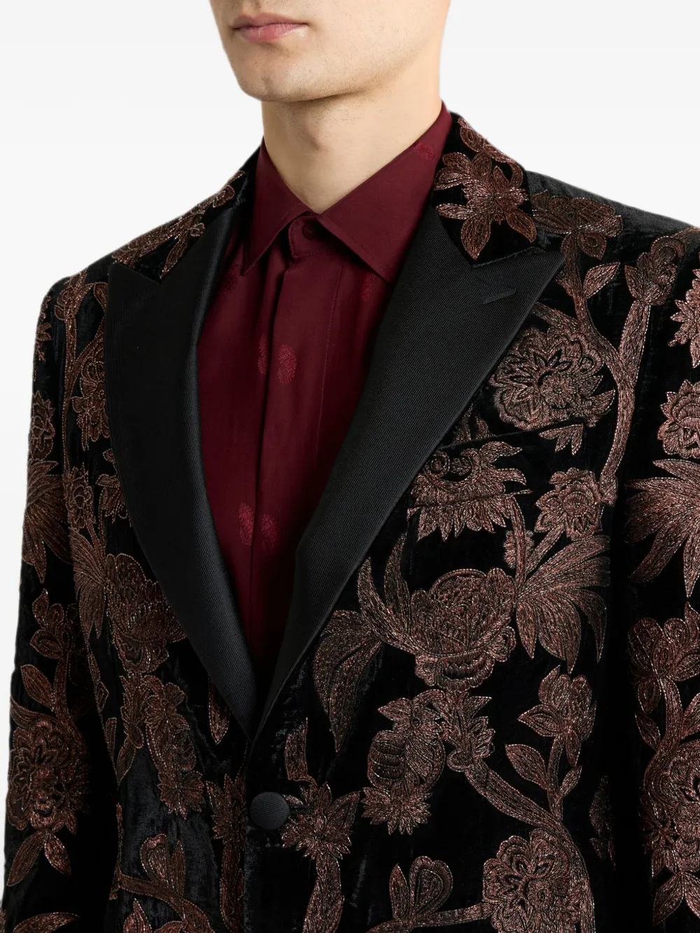 ETRO Colbert van zijdeblend met enkele rij knopen en bloemig Paisley-borduurwerk Zwart