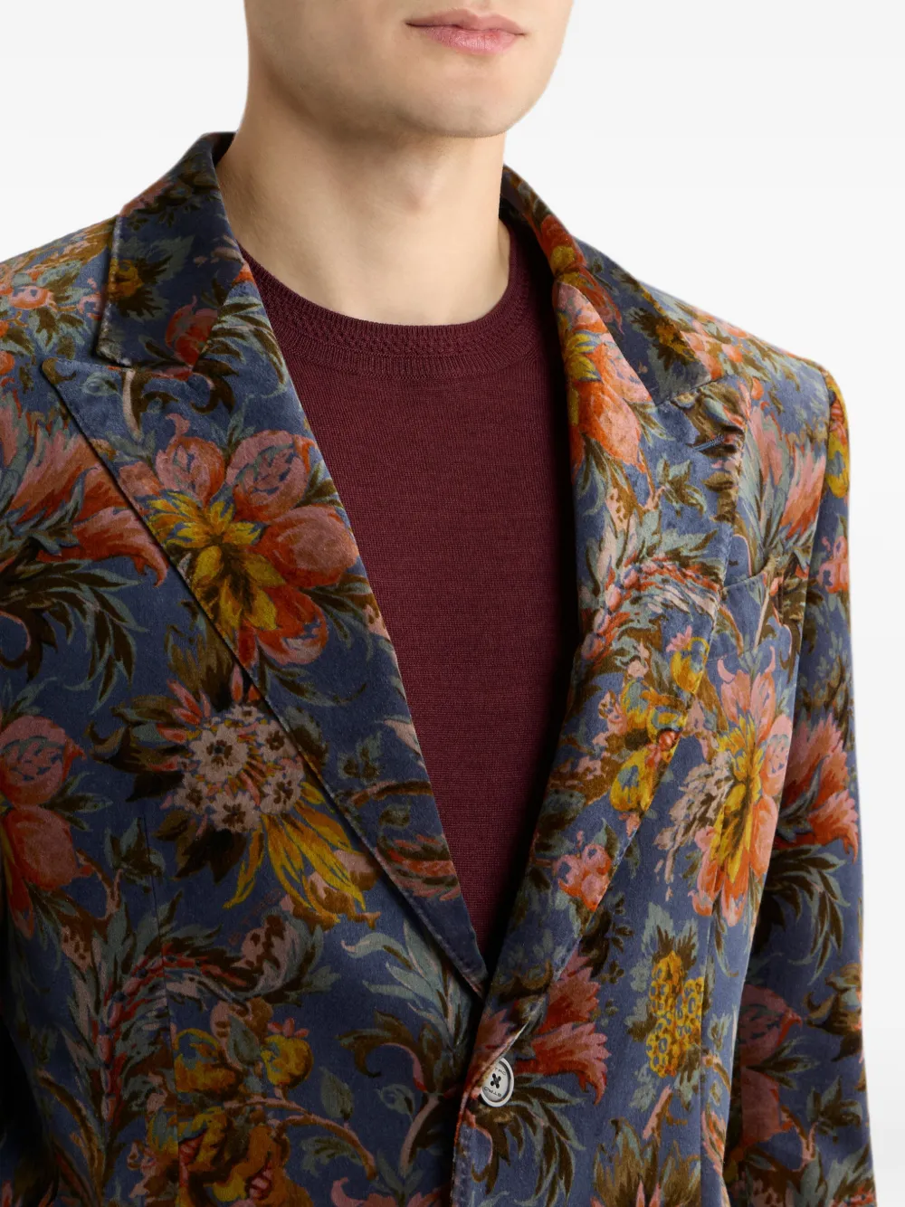 ETRO Fluweel-katoenen blazer met enkele rij knopen en bloemen-patroon Blauw