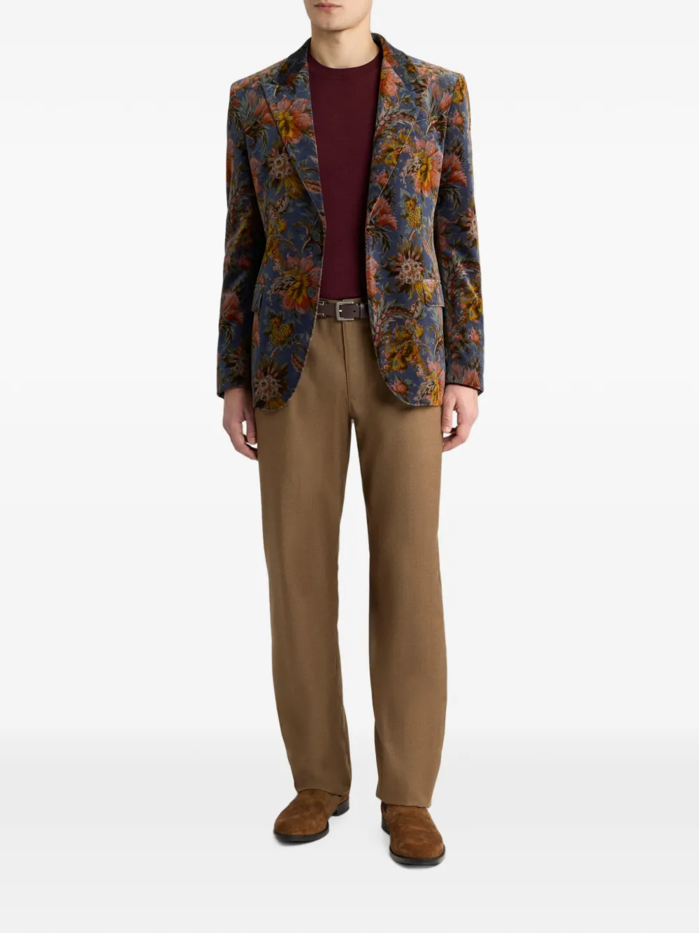 ETRO Fluweel-katoenen blazer met enkele rij knopen en bloemen-patroon Blauw