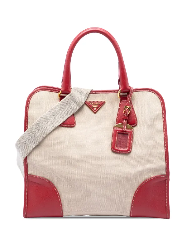 Prada Pre-owned 2021-2026 Saffiano Trimmed Canvas Canapa Logo Satchel in Neutrals