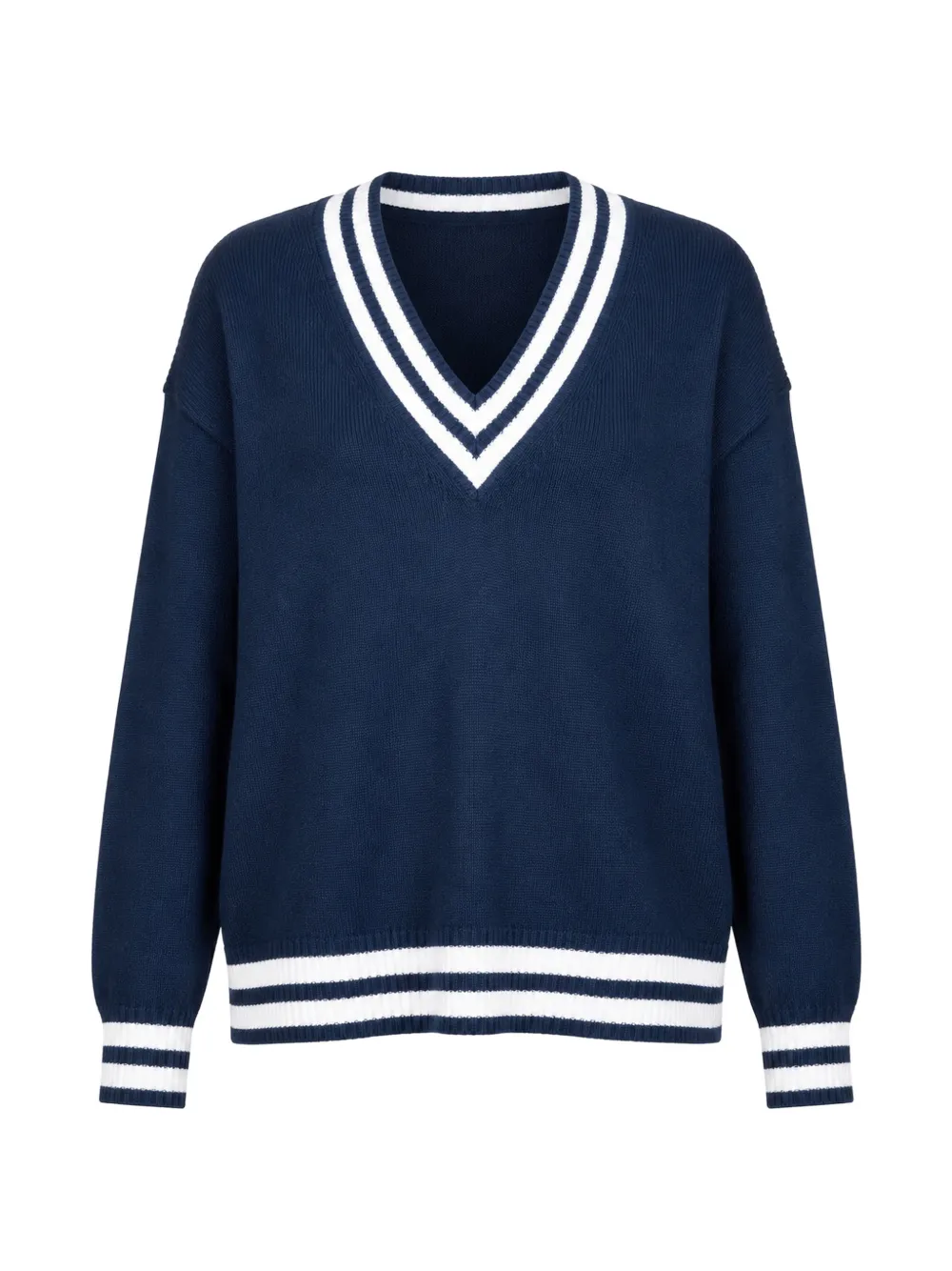 White + Warren striped-trim V-neck sweater - Blue