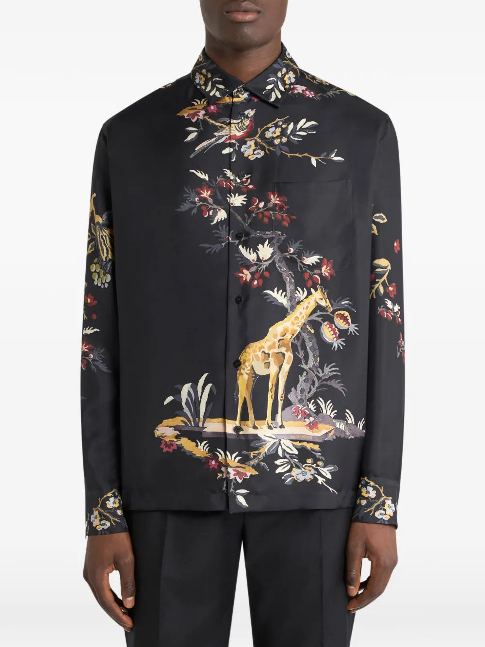 ETRO Zijden twill overhemd met bloemen- en dieren-print Zwart