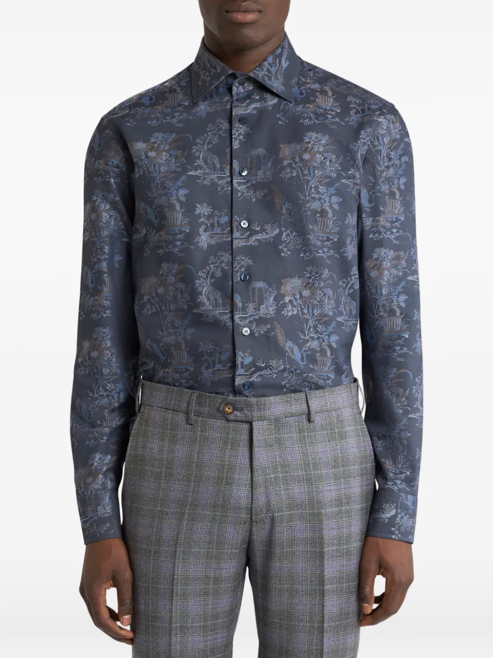 ETRO Katoenen jacquard overhemd met bloemen- en dieren-print Blauw