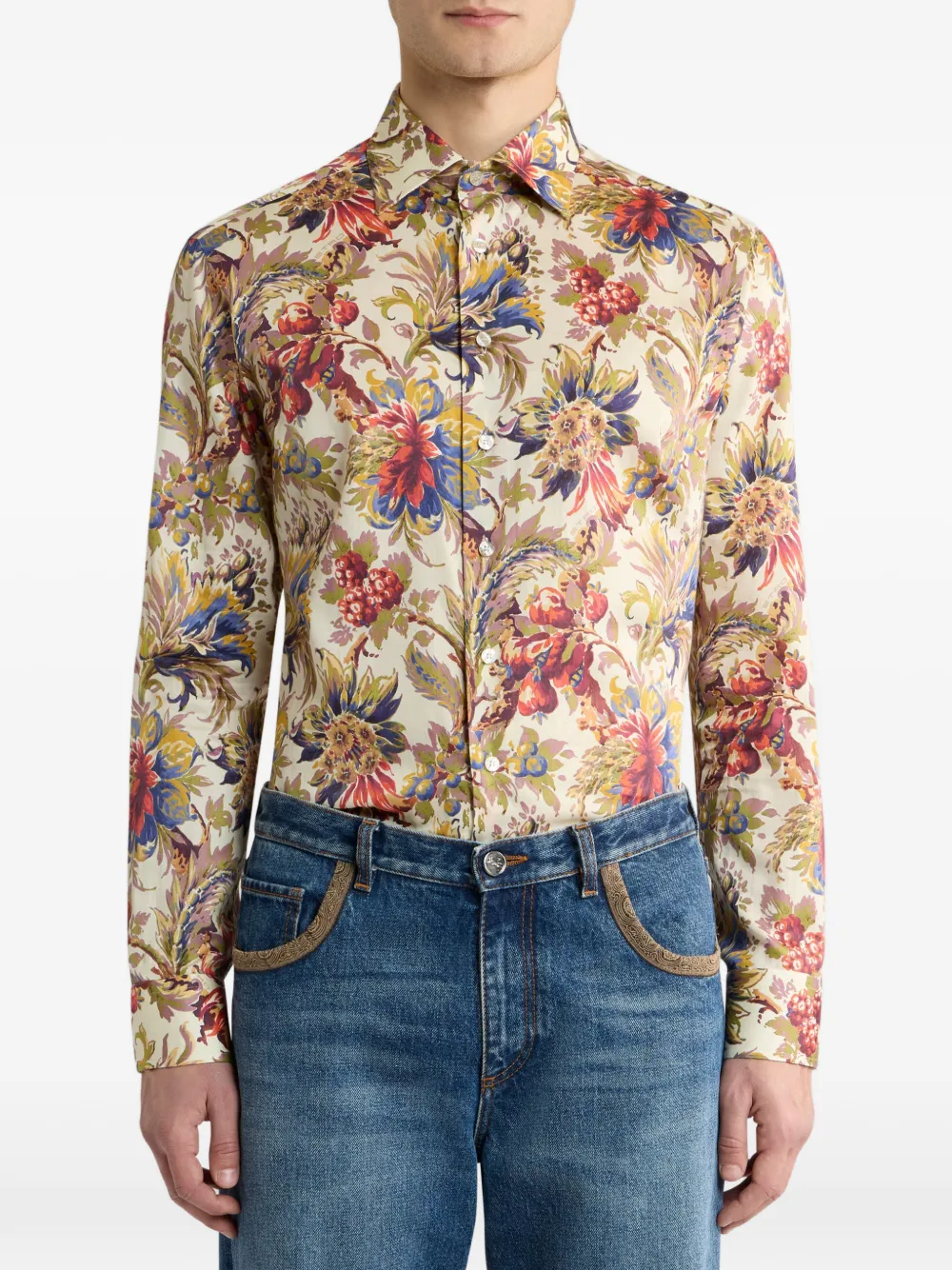 ETRO Katoenen satijnen overhemd met bloemen-print Beige