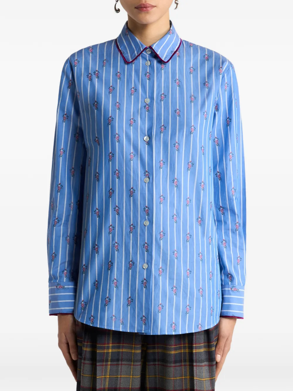 ETRO Katoenen jacquard blouse met afwerking en fil coupé streep en bloemenmotief Blauw
