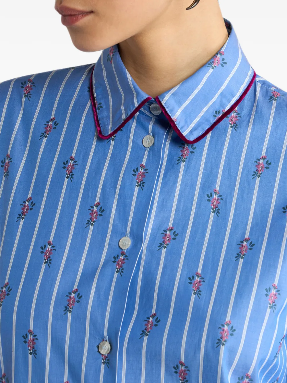 ETRO Katoenen jacquard blouse met afwerking en fil coupé streep en bloemenmotief Blauw