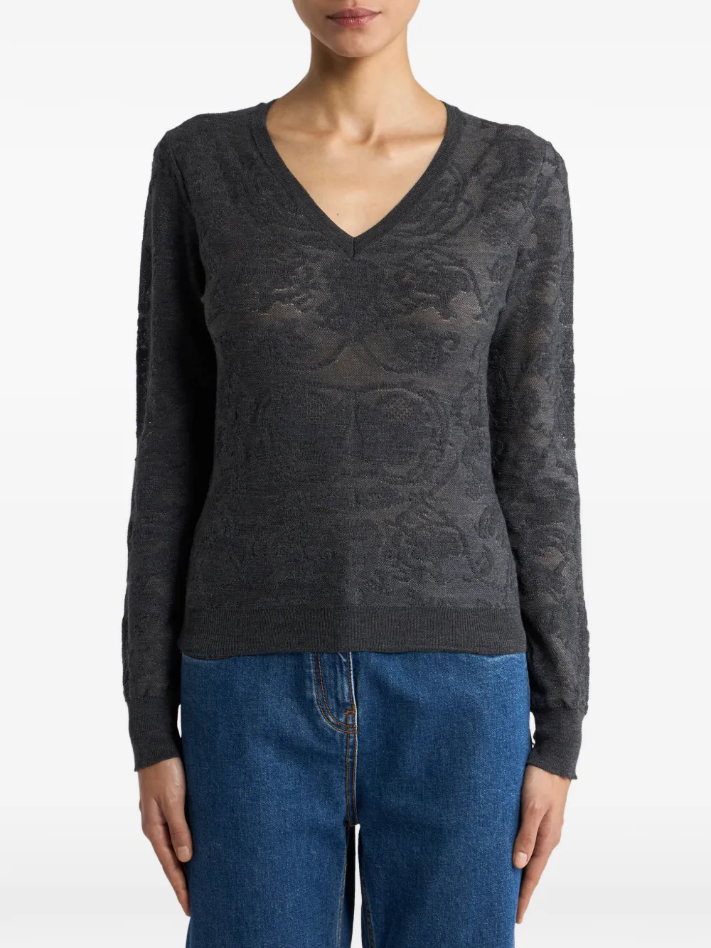 ETRO Wollen jacquard trui met V-hals en geplaatst motief Grijs