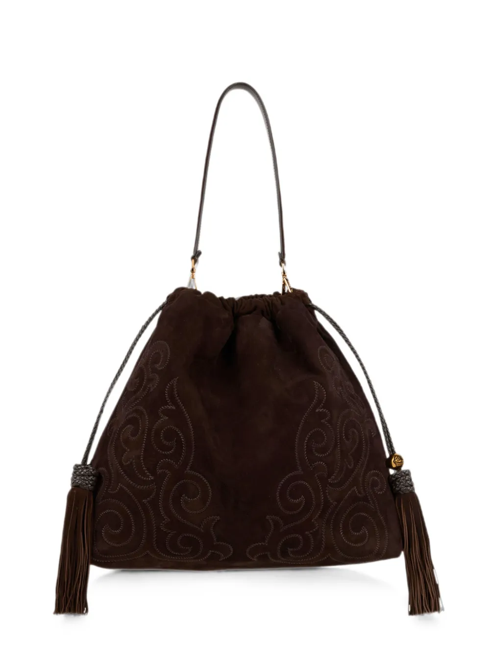 ETRO Borsa a spalla Kalispera grande in pelle scamosciata con nappine - Marrone