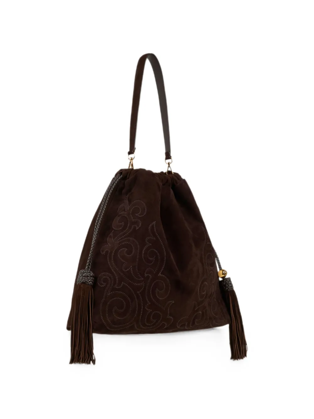 ETRO Grote suède Kalispera tas met patch en kwastjes Bruin