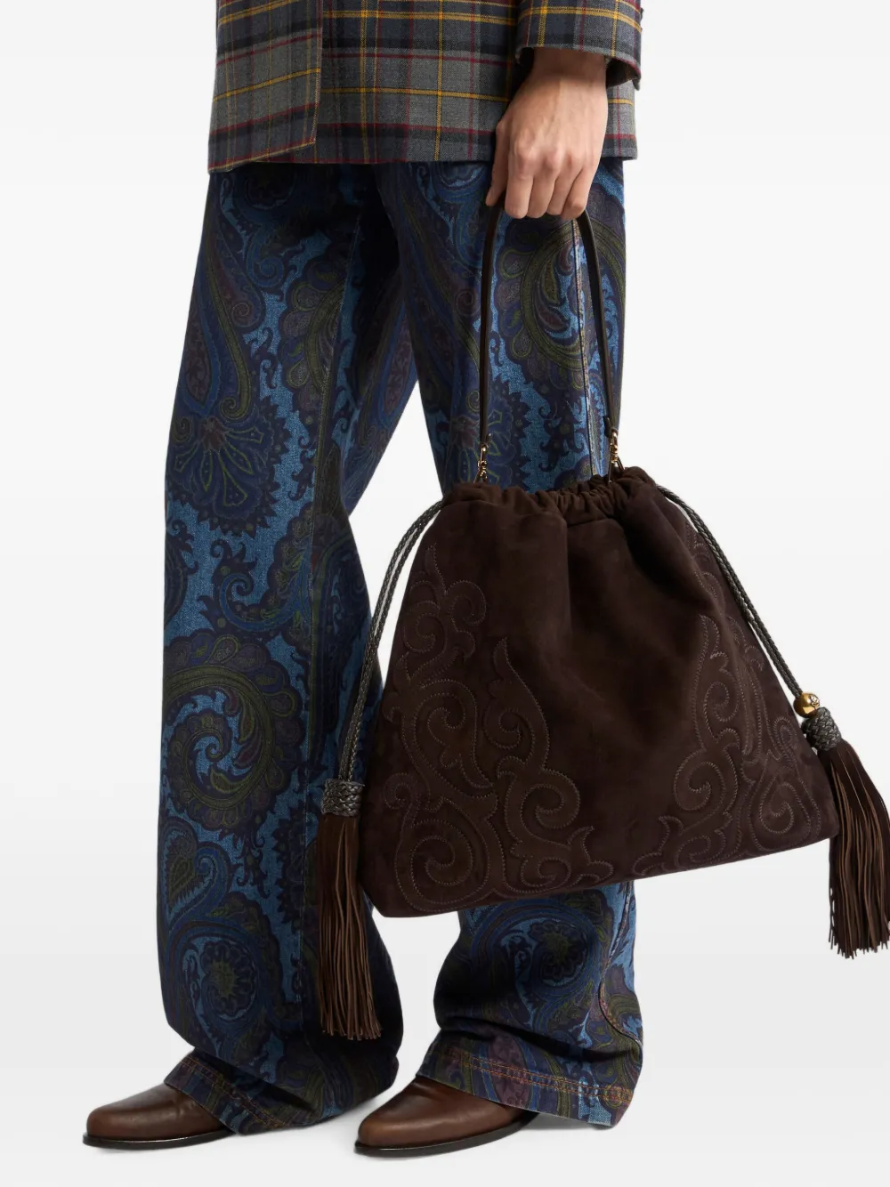 ETRO Grote suède Kalispera tas met patch en kwastjes Bruin