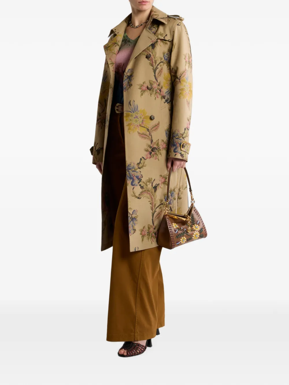 ETRO Katoenen gabardine trenchcoat met bloemenmotief Beige