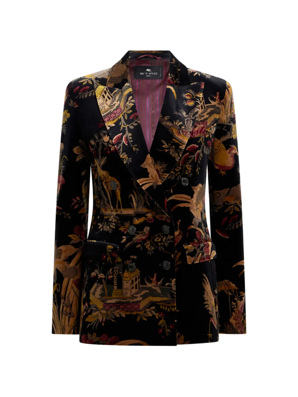 ETRO double-breasted cotton velvet jacket with flower and animal overprint - Black