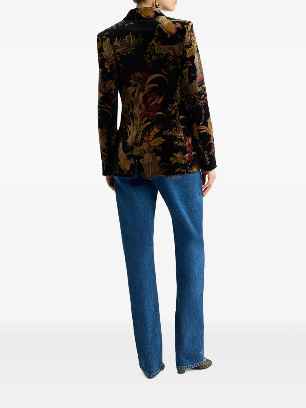 ETRO Fluweel-katoenen blazer met dubbele rij knopen en bloemen- en dieren-print Zwart