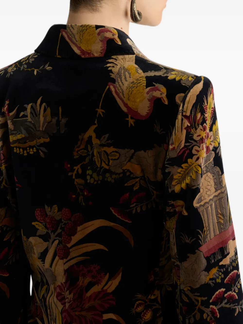 ETRO Fluweel-katoenen blazer met dubbele rij knopen en bloemen- en dieren-print Zwart